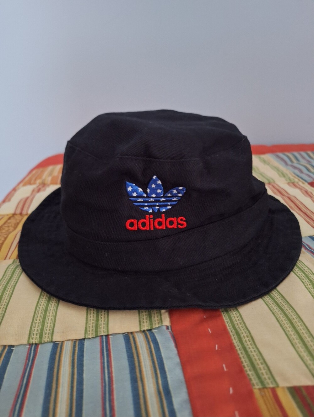 adidas Black Bucket Hat with Blue Stars Trefoil and Red Logo 100% Cotton